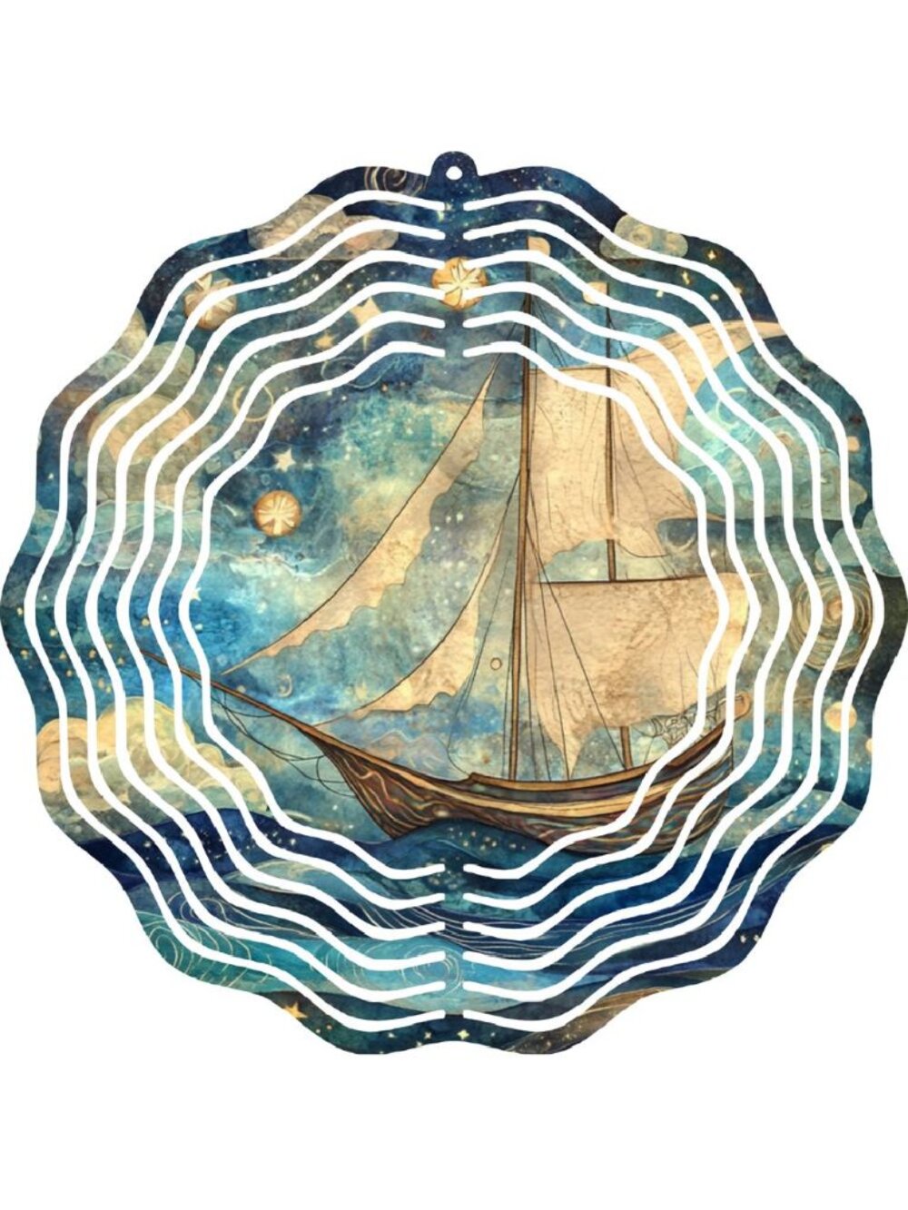Celestial Sailboat Wind Spinner 10" Metal Nautical Sun Moon Kinetic Garden Decor